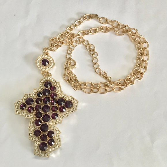 Vintage Style Cross Necklace Purple Crystals Simulated Amethyst Gold Plated 22" - Picture 6 of 14